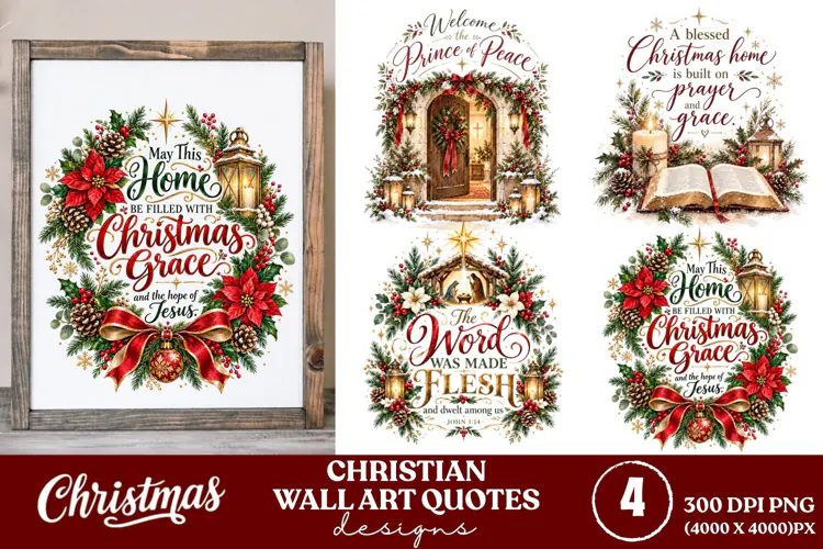 4 Christian Christmas Wall Art PNGs, 4 Bible Verse Christmas