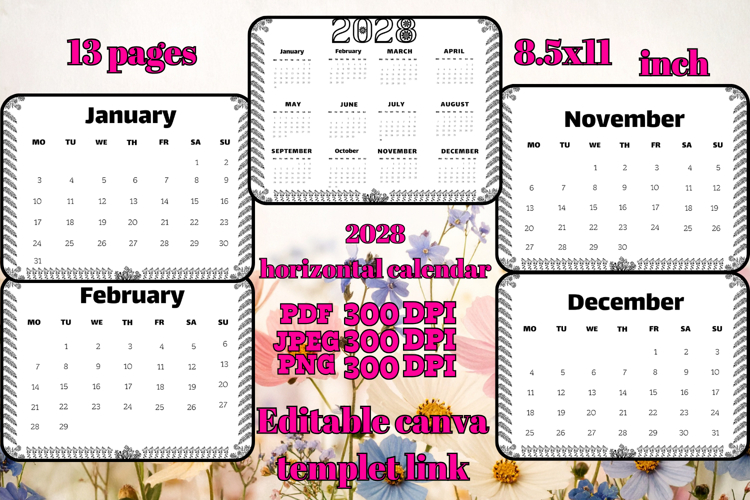 2028 horizontal calendar with flower frame