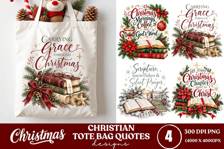 4 Christian Christmas Tote Bag PNGs, 4 Bible Lover Christmas