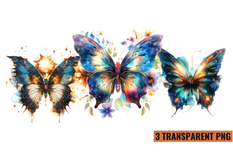 Watercolor Magic Butterflies Clipart, PNG example image 1