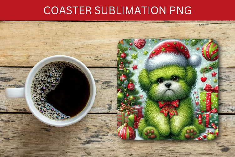 square coaster - grumpy green dog