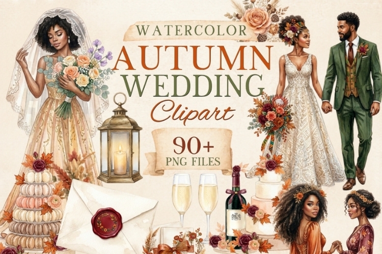 Black Autumn Wedding Clipart PNG Bundle | African American example image 1