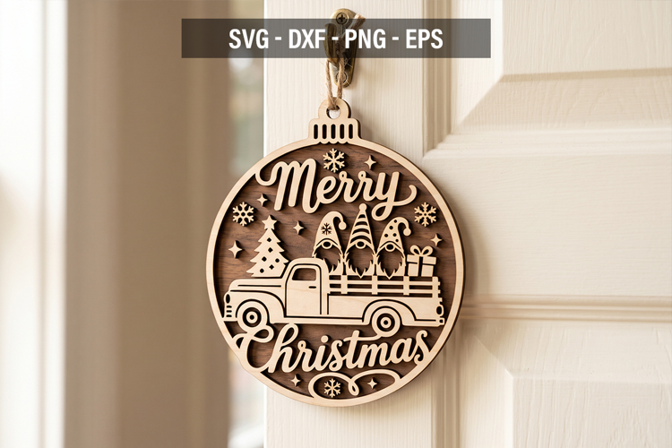 Merry Christmas Gnome Door Hanger SVG, Vintage Truck