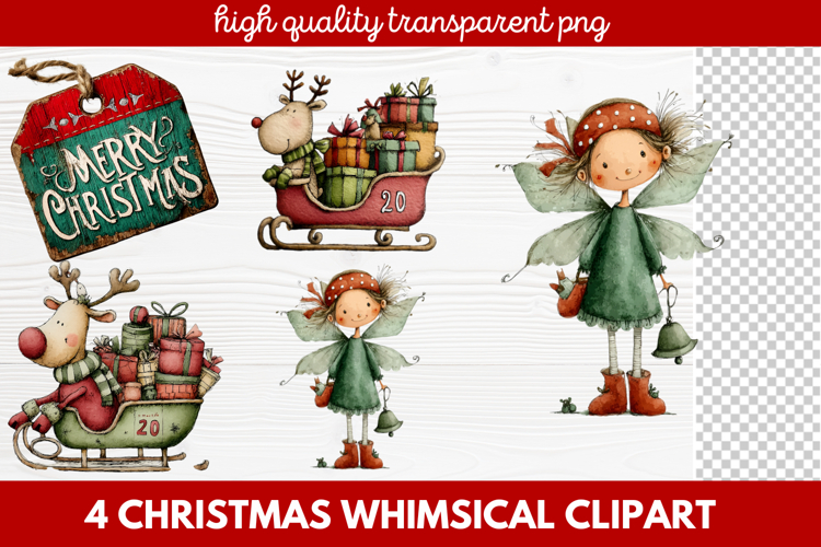 4 Whimsical Christmas Clipart featuring cute holiday charact