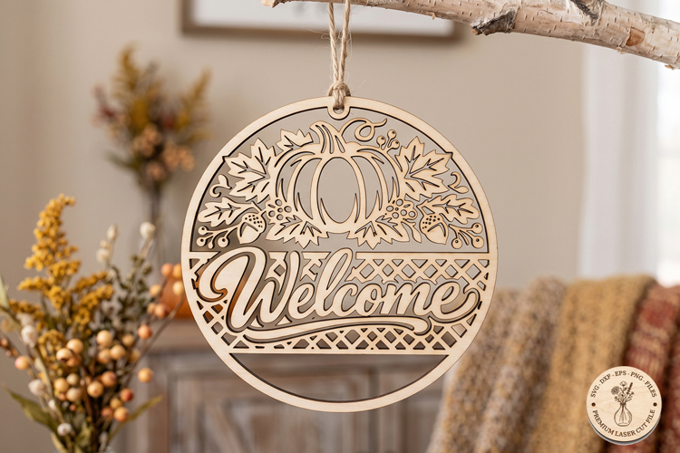 Fall Welcome Sign SVG, Pumpkin Door Hanger Laser Cut File