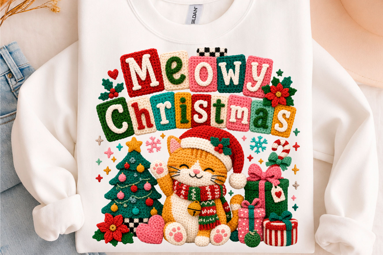 Meowy Christmas Cute Cat Holiday T-Shirt Design