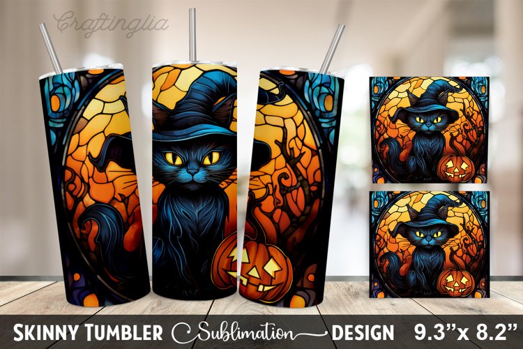 Stained Glass Halloween Cat Tumbler | 20oz Skinny Tumbler