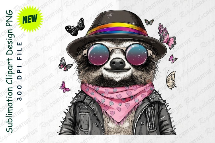 Stylish Sloth With Butterflies Clipart Illustration