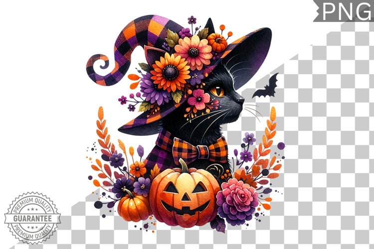Halloween Cat Flowers Sublimation - Clipart PNG Design