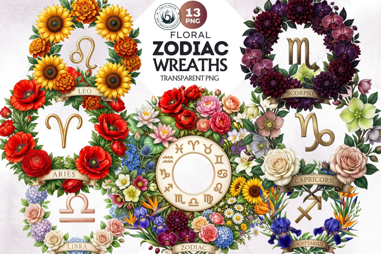 Floral Zodiac Wreaths Clipart Astrology Flower Graphics