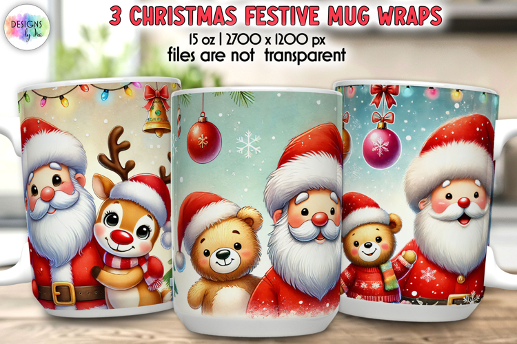 Cute Christmas Mug Wrap with Santa, Snowman and Reindeer