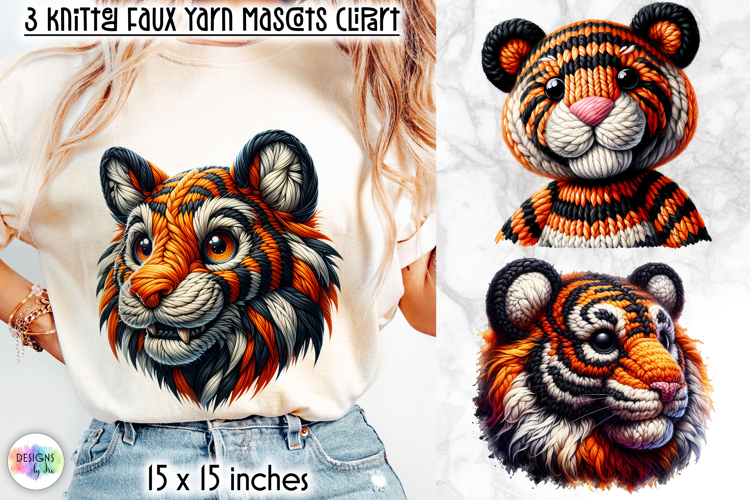 Knitted Tiger Clipart, Faux Yarn Plush Baby Tiger Mascot