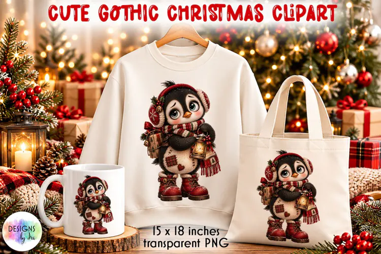 Cute Gothic Christmas Penguin PNG Clipart