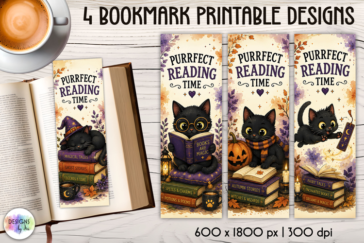 Halloween Bookmarks, Purrfect Reading Time PNG
