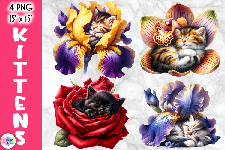 Cute Floral Cat Illustrations, Kittens in Flowers Clipart