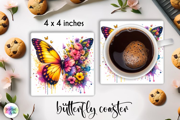 Floral Butterfly Coaster | Watercolour Butterfly Coaster PNG example image 1