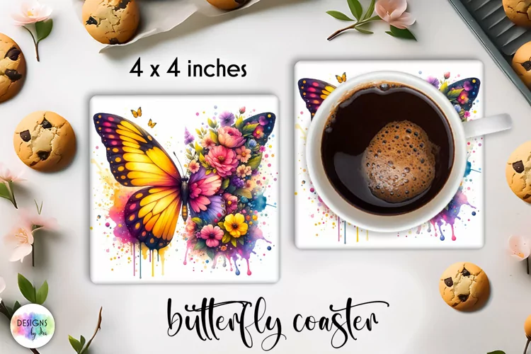 Floral Butterfly Coaster | Watercolour Butterfly Coaster PNG