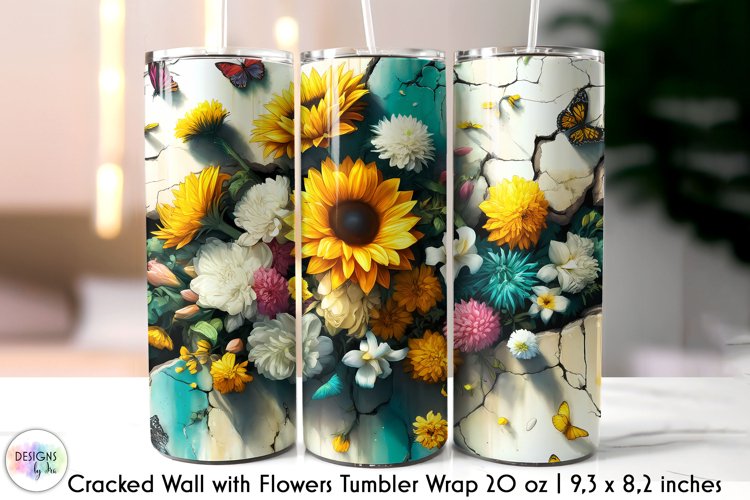 3D Cracked Wall Flowers Tumbler Wrap, Floral Tumbler Design