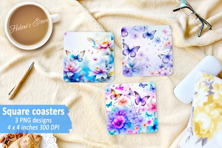 Butterfly and Flowers Sublimation | Floral Square coaster