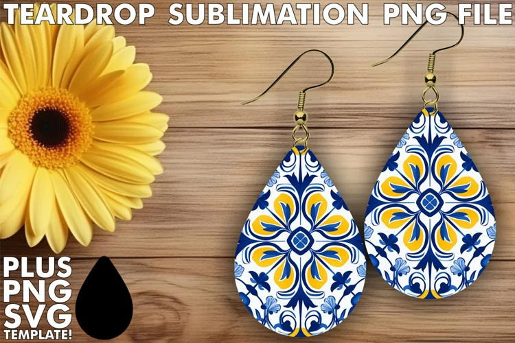 Portuguese Tile Patterns: Teardrop Earrings Sublimation
