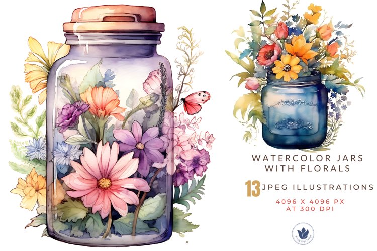 13 Watercolor Jars with Floral Jpeg