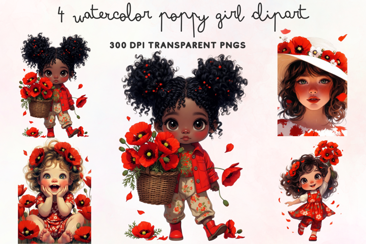 Watercolor Poppy Girl Clipart PNG