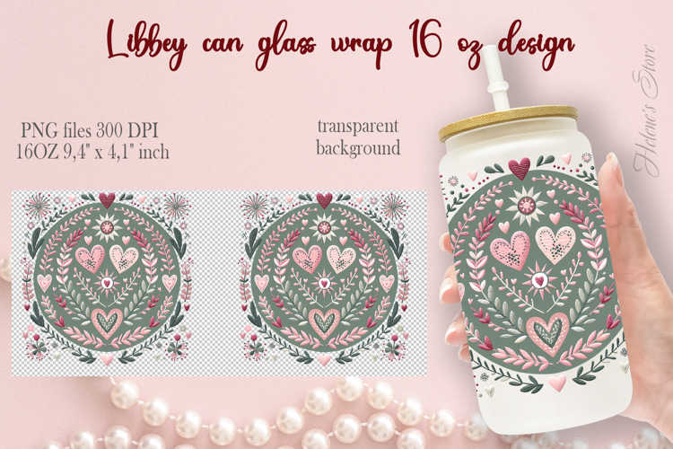Boho Valentine pattern Libbey Can Glass Wrap 16oz design png