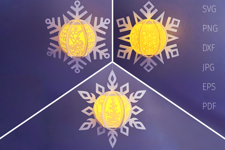 Snowflake lantern svg template, 3D Christmas ornament set