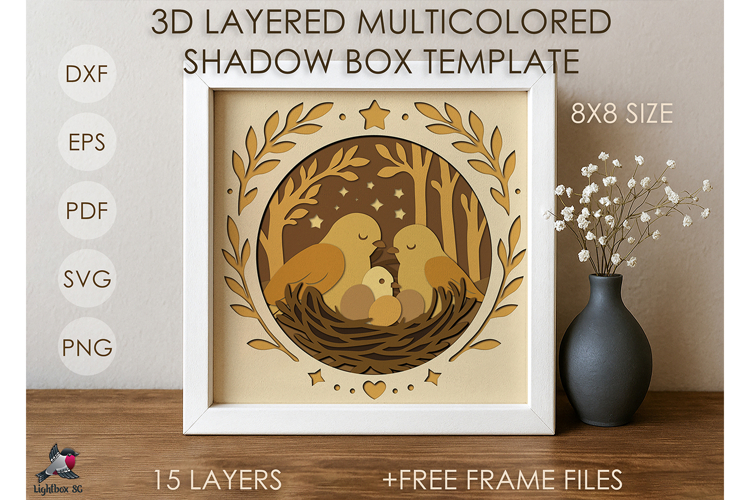 3D Family Bird Nest Shadow box SVG Papercut template