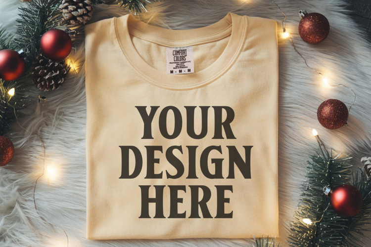 Butter Comfort Colors 1717 Christmas Folded T-Shirt Mockup