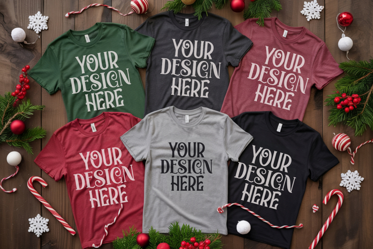 Christmas Family Matching Shirt Mockup | Cozy Boho Flat Lay