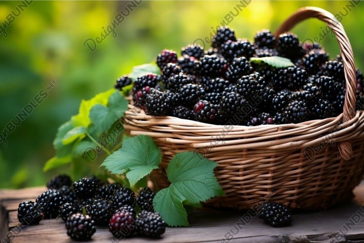 Fresh blackberries in wicker basket outdoors