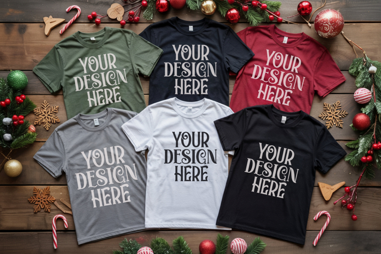 Christmas Family Matching Shirt Mockup | Cozy Boho Flat Lay