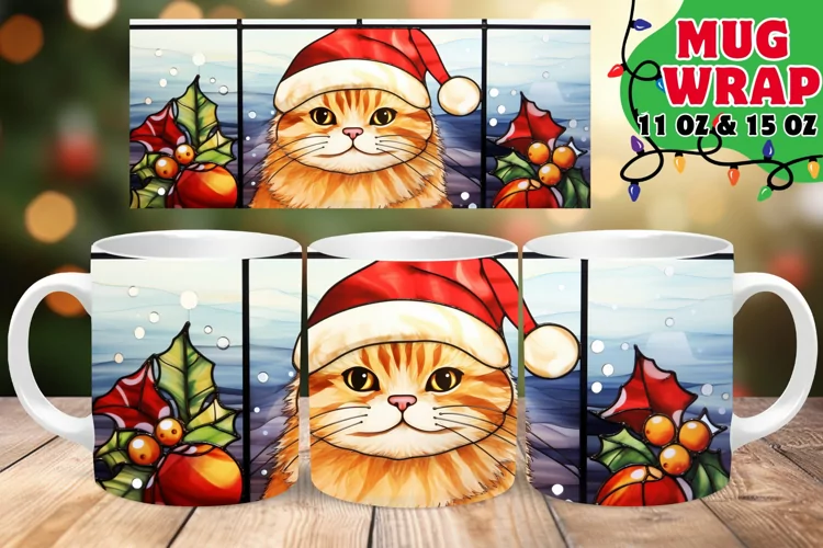 Festive Stained Glass Winter Charm Mug Wrap 11oz 15oz, Cat