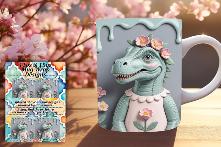 EXQUISITE 11oz Mug Wrap PNG Template , Cute Dino