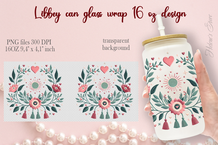 Boho Valentine pattern Libbey Can Glass Wrap 16oz design png
