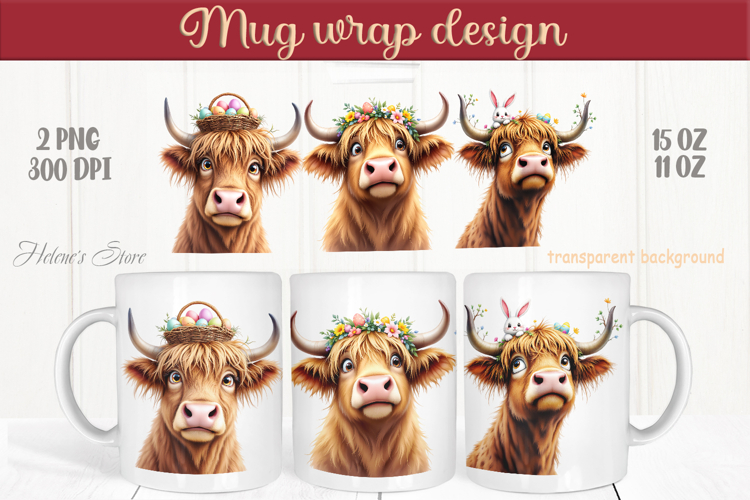Easter highland cow with bunny mug wrap sublimation designs
