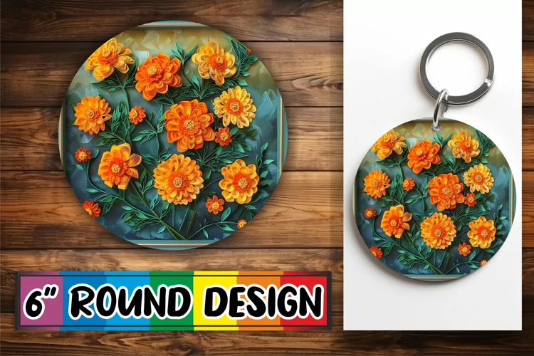 3D Blooming Flowers Keychain Circle Design Springtime