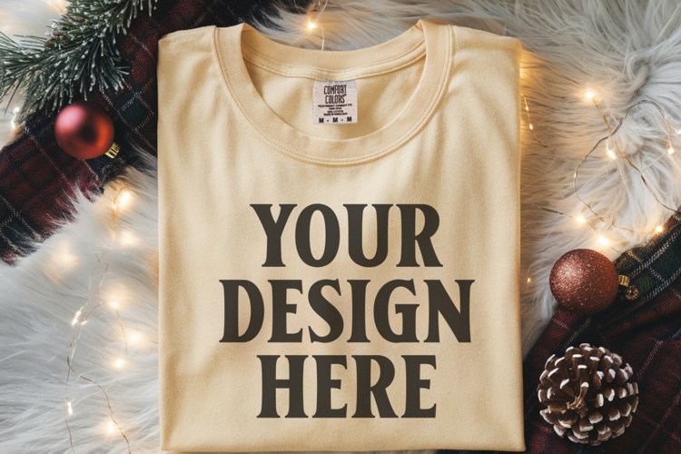Butter Comfort Colors 1717 Christmas Folded T-Shirt Mockup