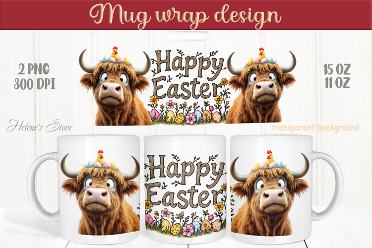 Easter highland cow with bunny mug wrap sublimation designs