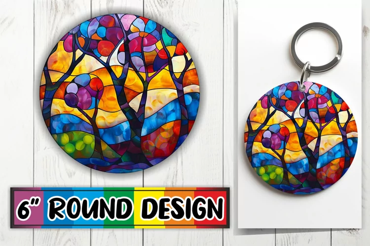 Stained Glass Tree Keychain Colorful Round Design Art