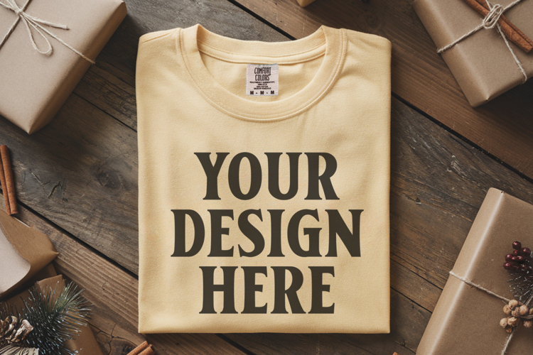 Butter Comfort Colors 1717 Christmas Folded T-Shirt Mockup