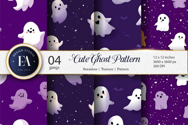 Tileable Floating Cute Cartoon Ghosts Seamless Digital Paper