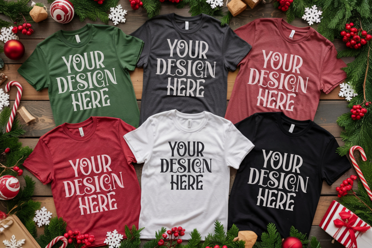 Christmas Family Matching Shirt Mockup | Cozy Boho Flat Lay