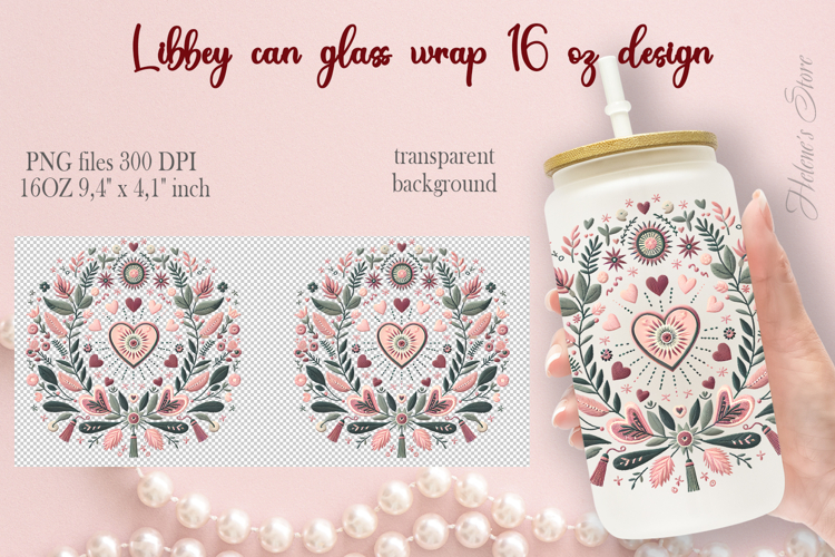 Boho Valentine pattern Libbey Can Glass Wrap 16oz design png