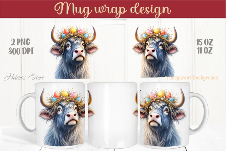 Easter highland cow with bunny mug wrap sublimation designs