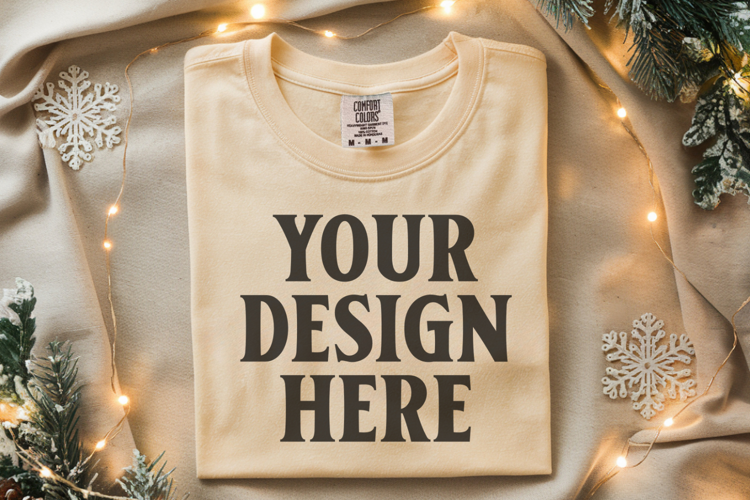 Butter Comfort Colors 1717 Christmas Folded T-Shirt Mockup