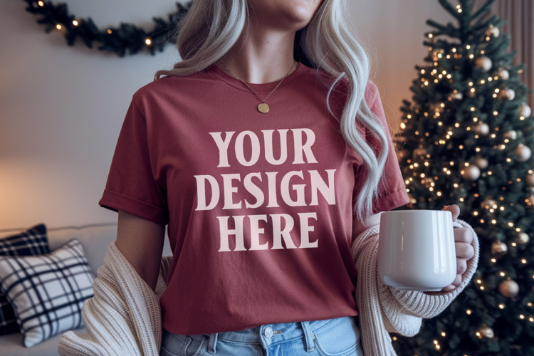 Comfort Colors 1717 Red Christmas T-Shirt Mockup, Boho