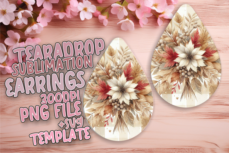 Elegant Teardrop Earrings Template PNG , Autumn Flower
