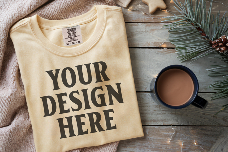 Butter Comfort Colors 1717 Christmas Folded T-Shirt Mockup